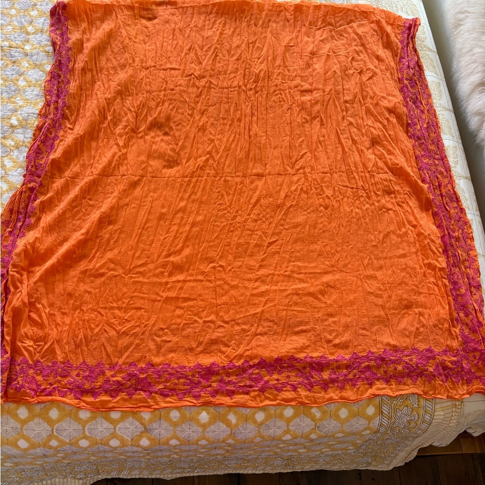 Aish Nomadic Thread Society Orange Cotton Scarf w/ Pink Embroidered Borders